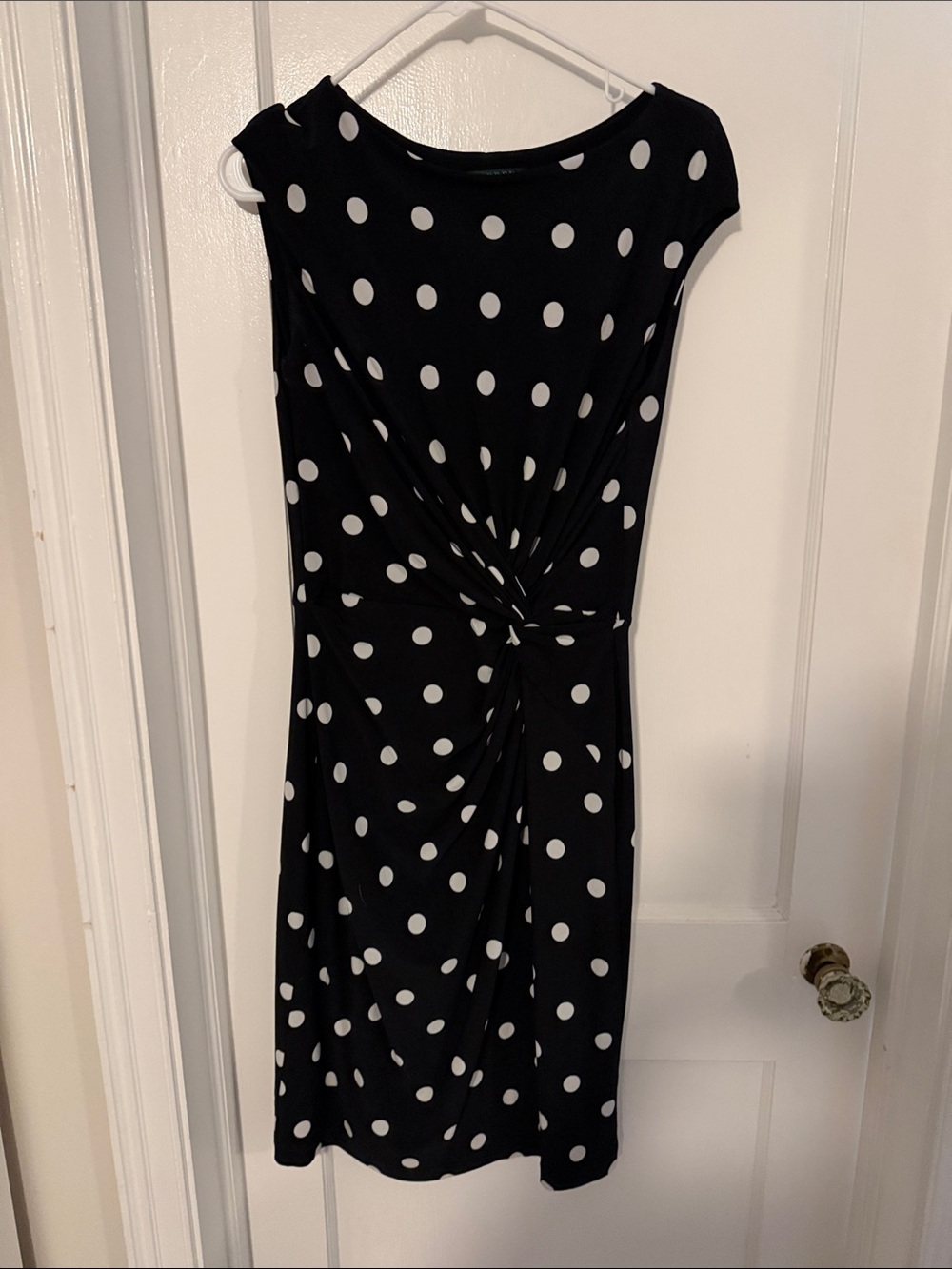Ralph Lauren Black and White Polka Dot Midi Dress with Twist Waist